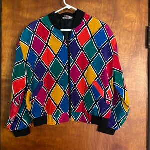 Vtg 90s Alia Jacket Colorful Graphic Diamond Print Sz M Full Zip Bomber Jacket